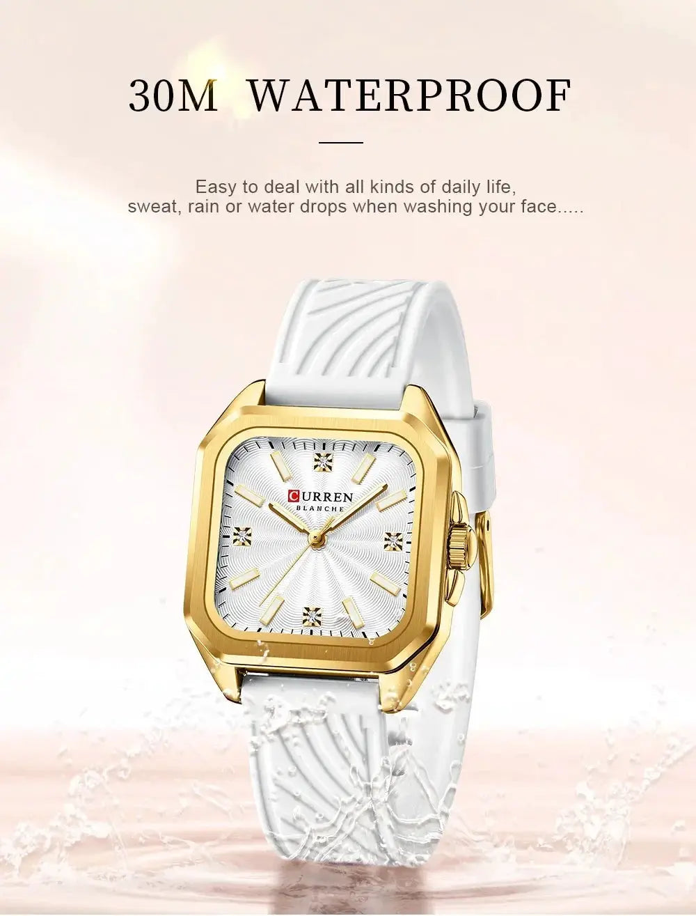 Curren 9113 ladies' square quartz watch with gold-tone bezel and white strap, waterproof 30m