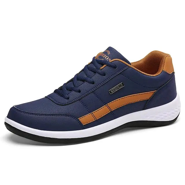Simples Market leather men's sneaker, navy blue with orange stripe, casual breathable vulcanized footwear