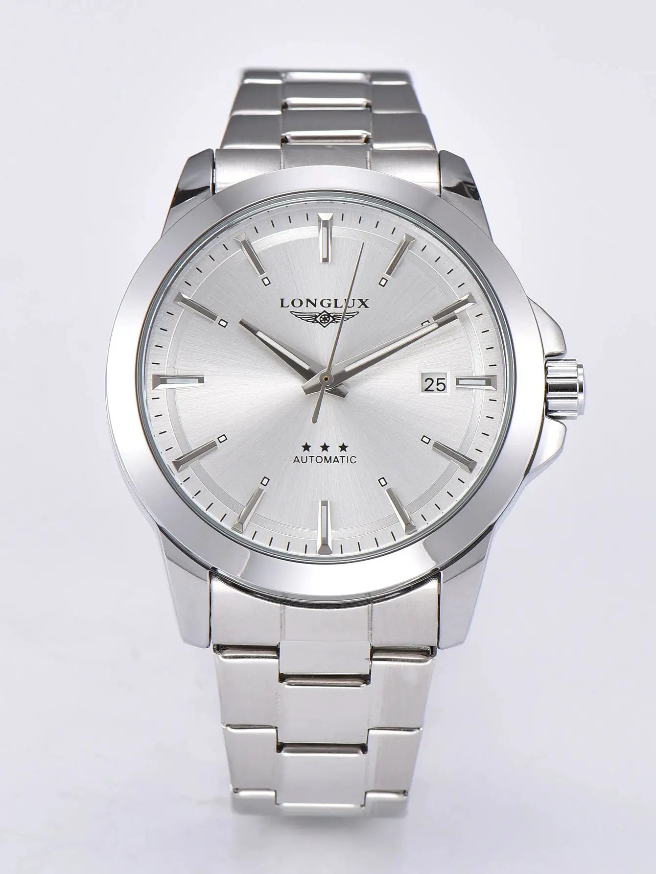 LongLux stainless steel automatic men's watch with date window.