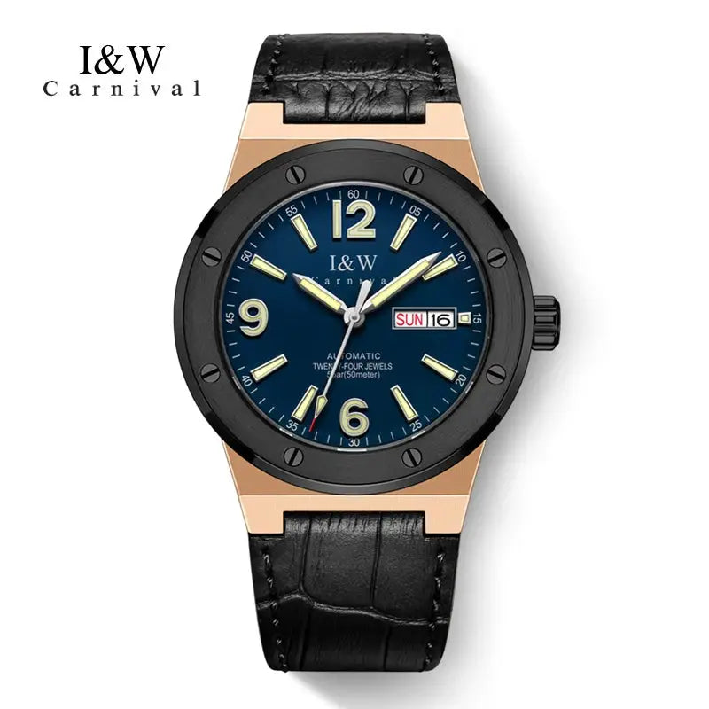 I&W Carnival sapphire mechanical watch for men, blue dial, rose-gold case, black leather strap, 50m water resist