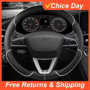 Car steering wheel cover microfiber leather, 38cm, non-slip, black with white stitching