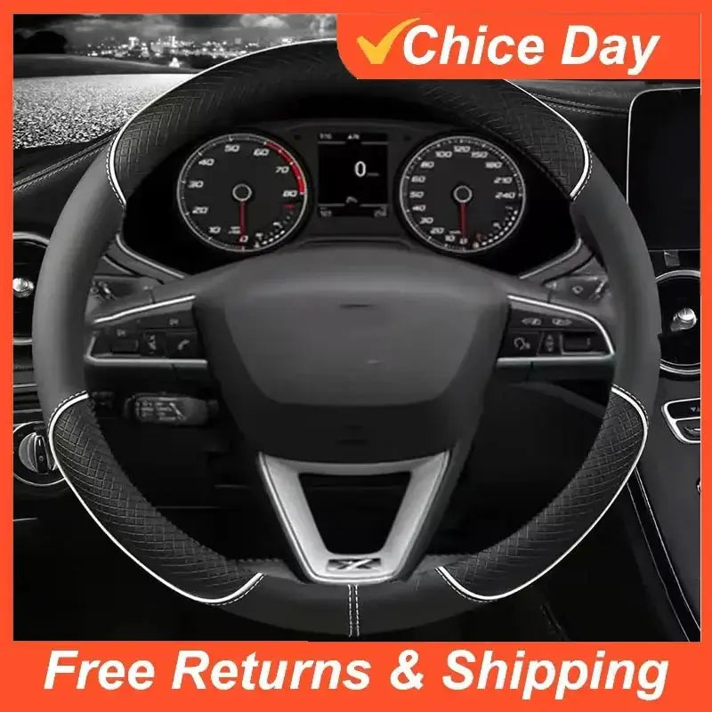 Car steering wheel cover microfiber leather, 38cm, non-slip, black with white stitching