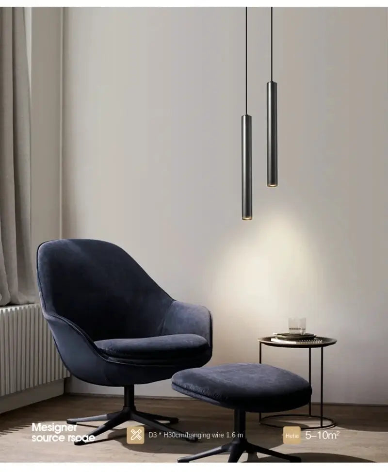 Minimalist bedside pendant lamps, 2 dark gray metal cylinders with warm LED lighting