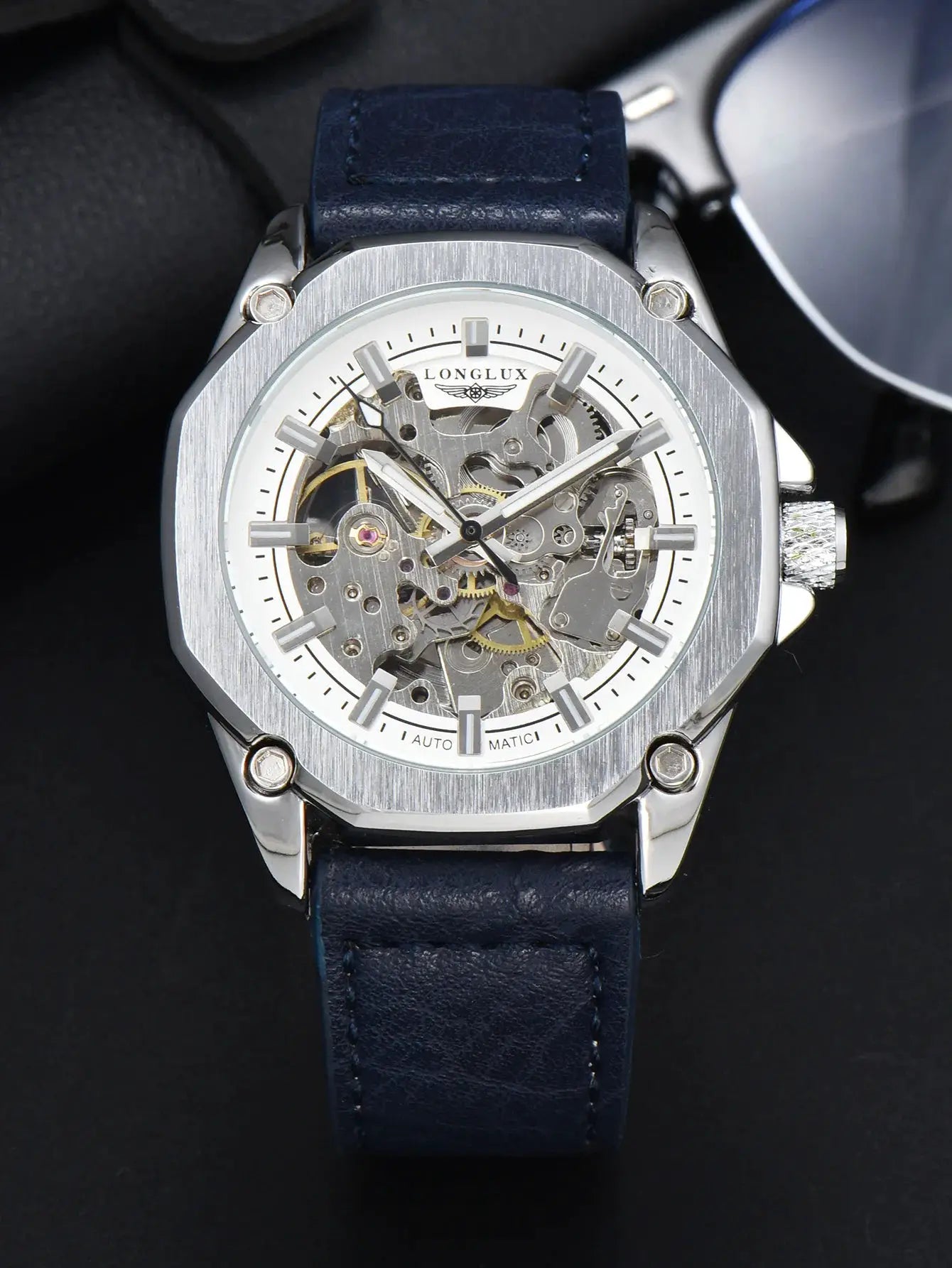 LongLux skeleton automatic men's watch with exposed gears, stainless steel case and blue leather strap