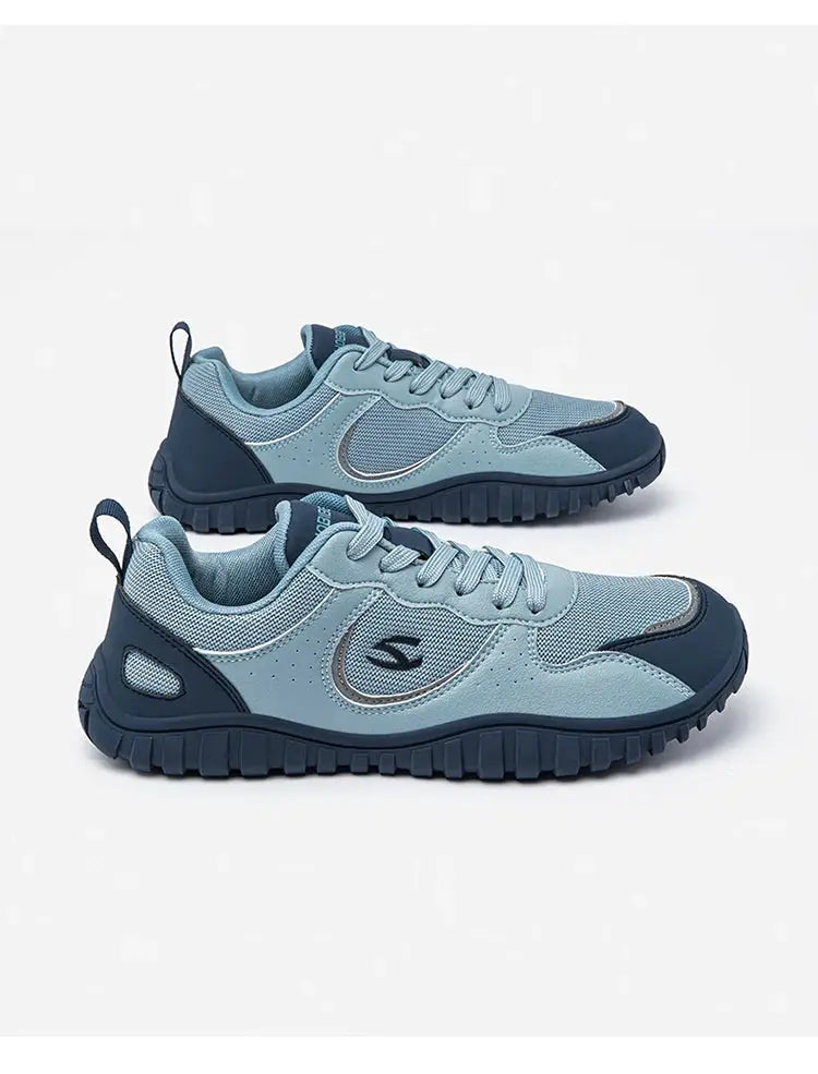 HOBIBEAR unisex wide-toe sneakers, blue mesh upper, navy sole for walking and travel.