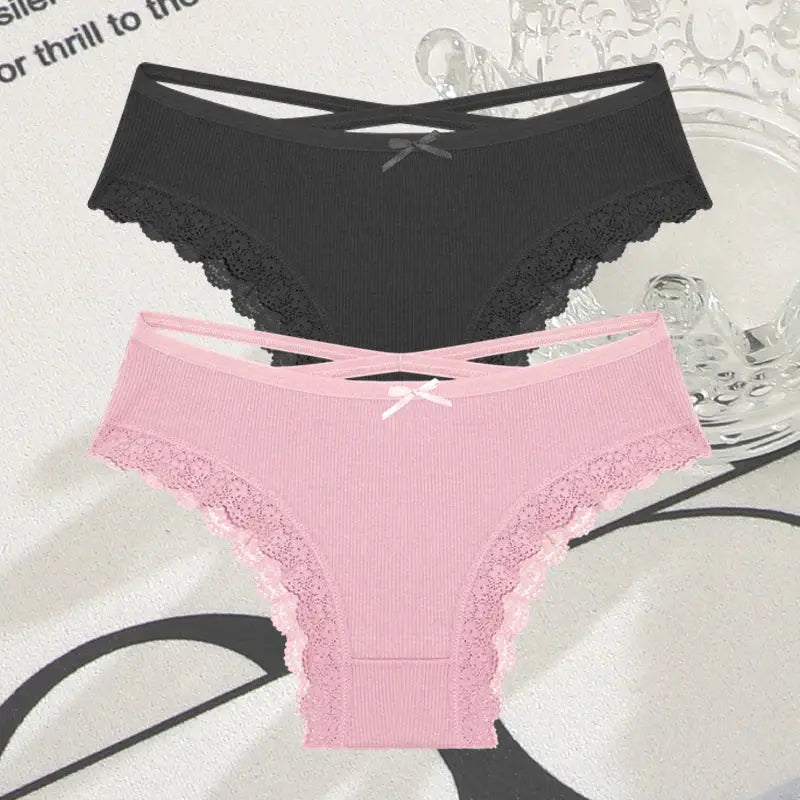 Cotton panties by Simples Market, 2-pack, black and pink lace-trim low-rise Brazilian briefs