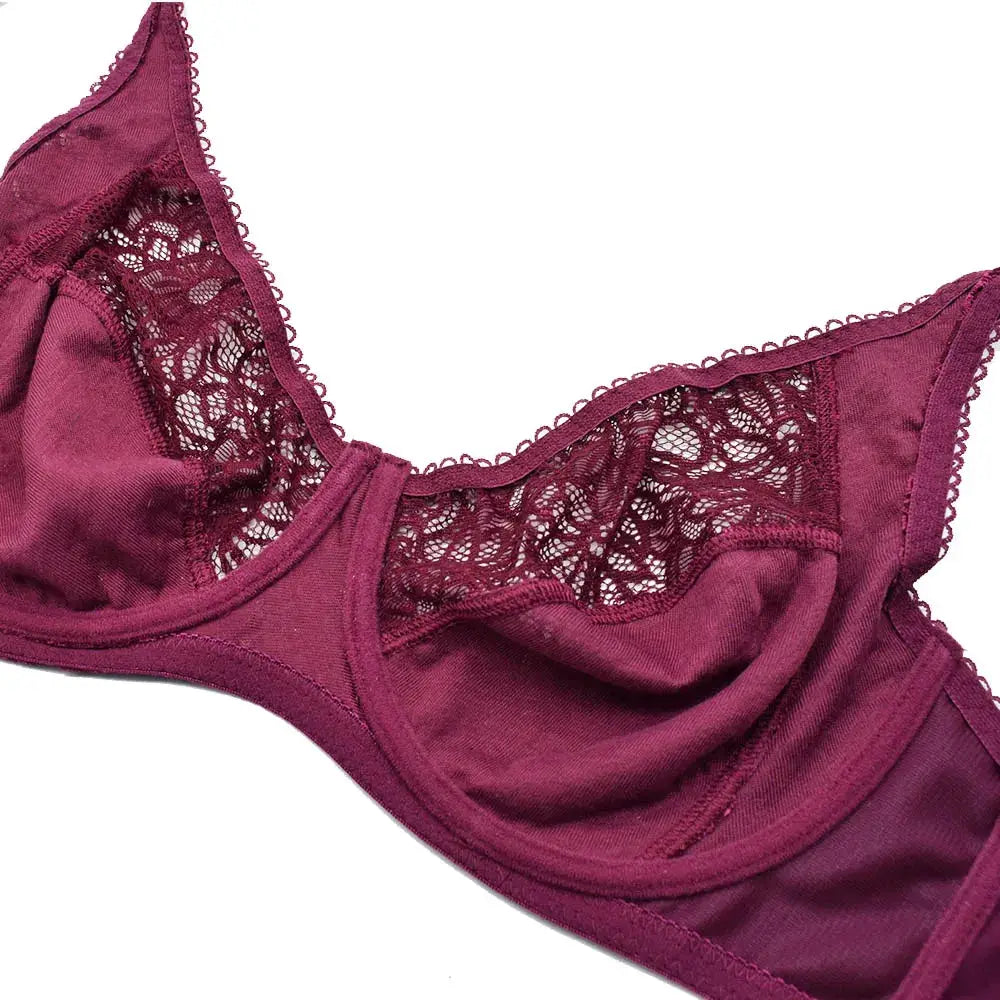 Plus-size lace underwire bra by Simples Market in deep burgundy