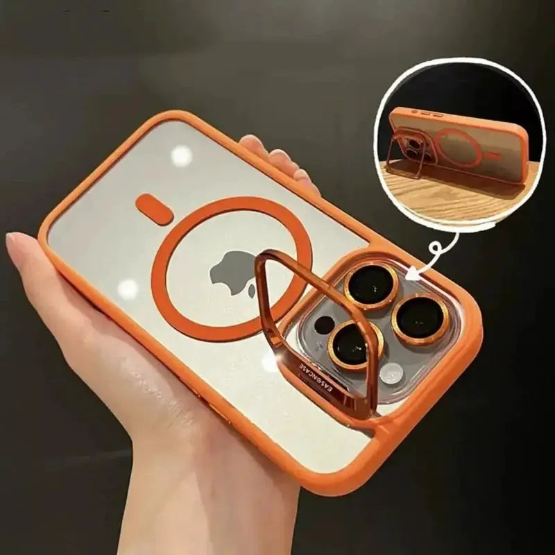 Simples Market orange magnetic shockproof iPhone case with stand and glass lens protector, MagSafe compatible.