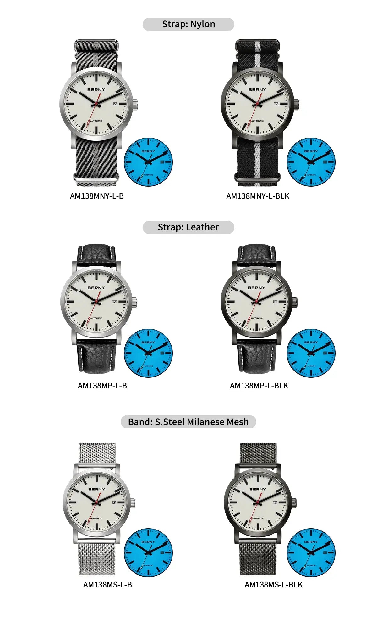 BERNY Watch for Men; automatic self-wind with white dial, nylon/leather or steel mesh bands (6 variants)