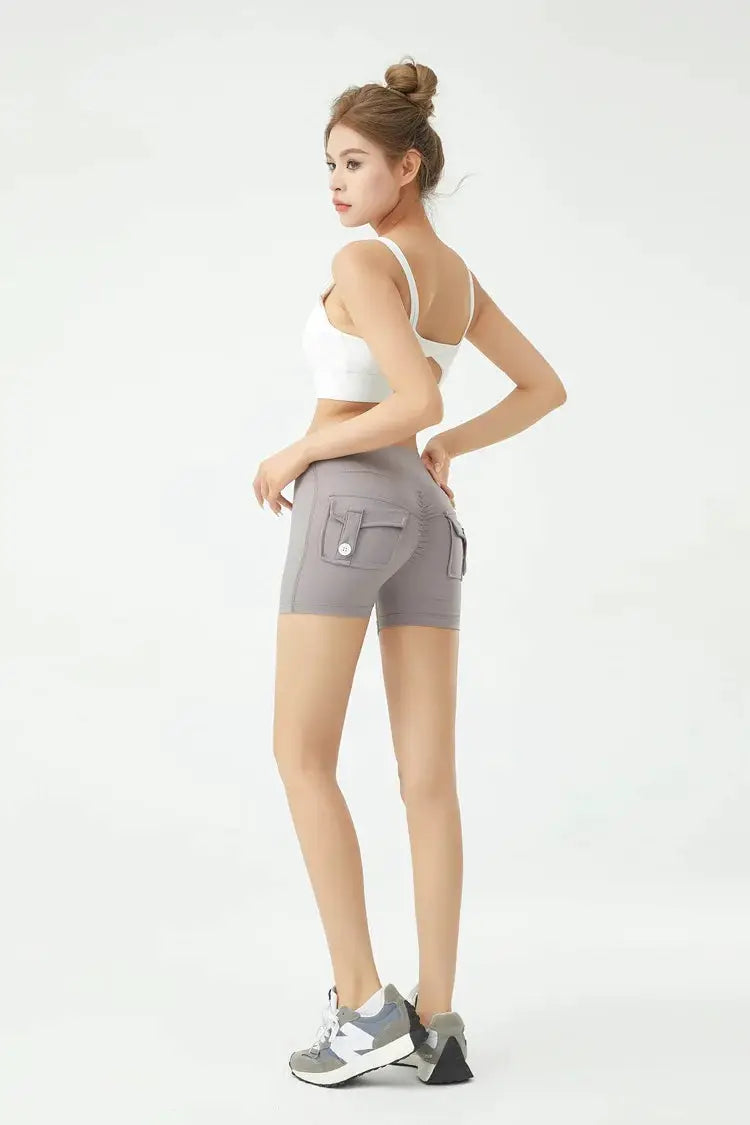 Peach Butt Fitness Shorts by Simples Market, gray women's cargo shorts with side pockets
