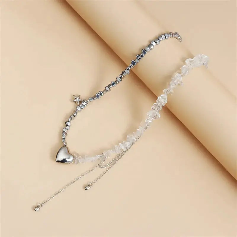 Y2K heart beaded necklace for women with silver beads and crystal chips; heart pendant, star accent, adjustable chain