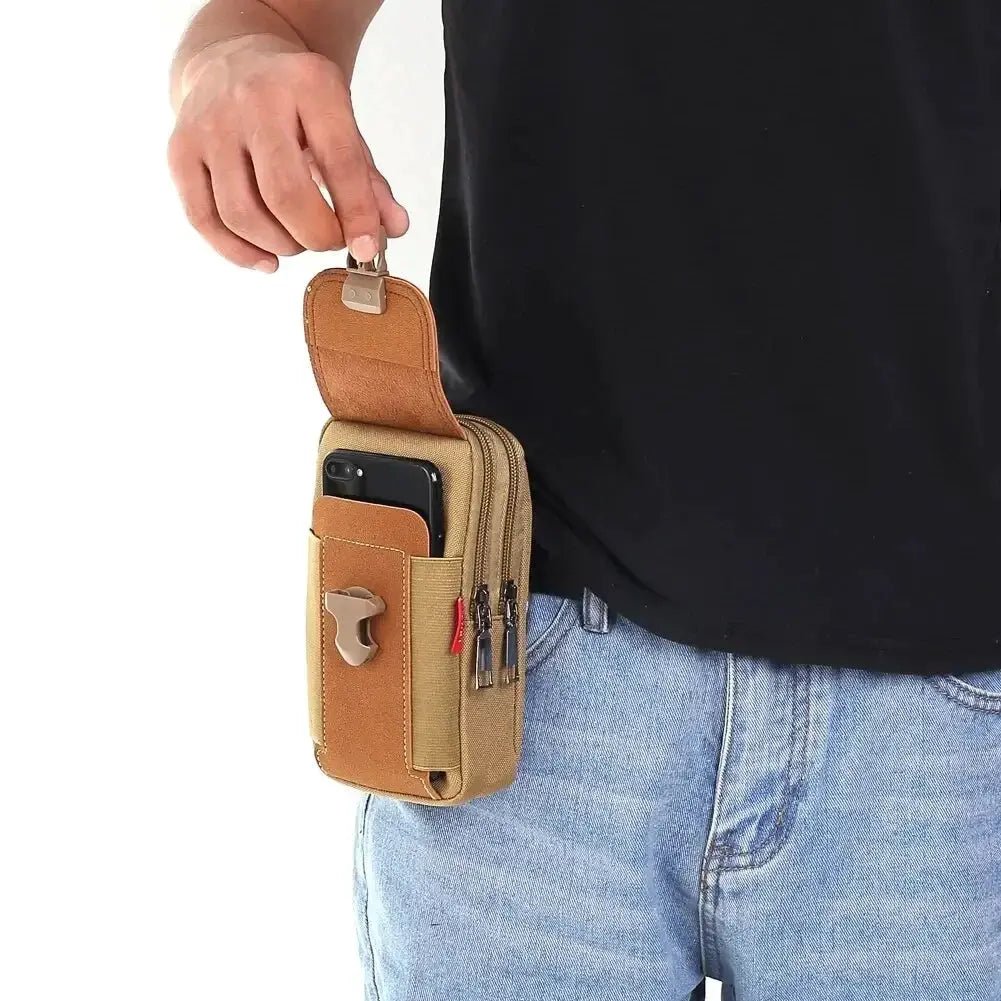 Unisex belt pouch phone holster by Simples Market; tan tactical Molle waist bag with multiple pockets