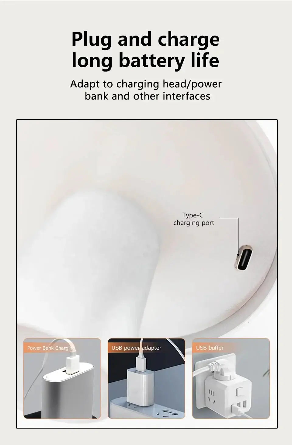 White Simples Market LED desk lamp with Type-C port; shows power bank and USB adapter charging options