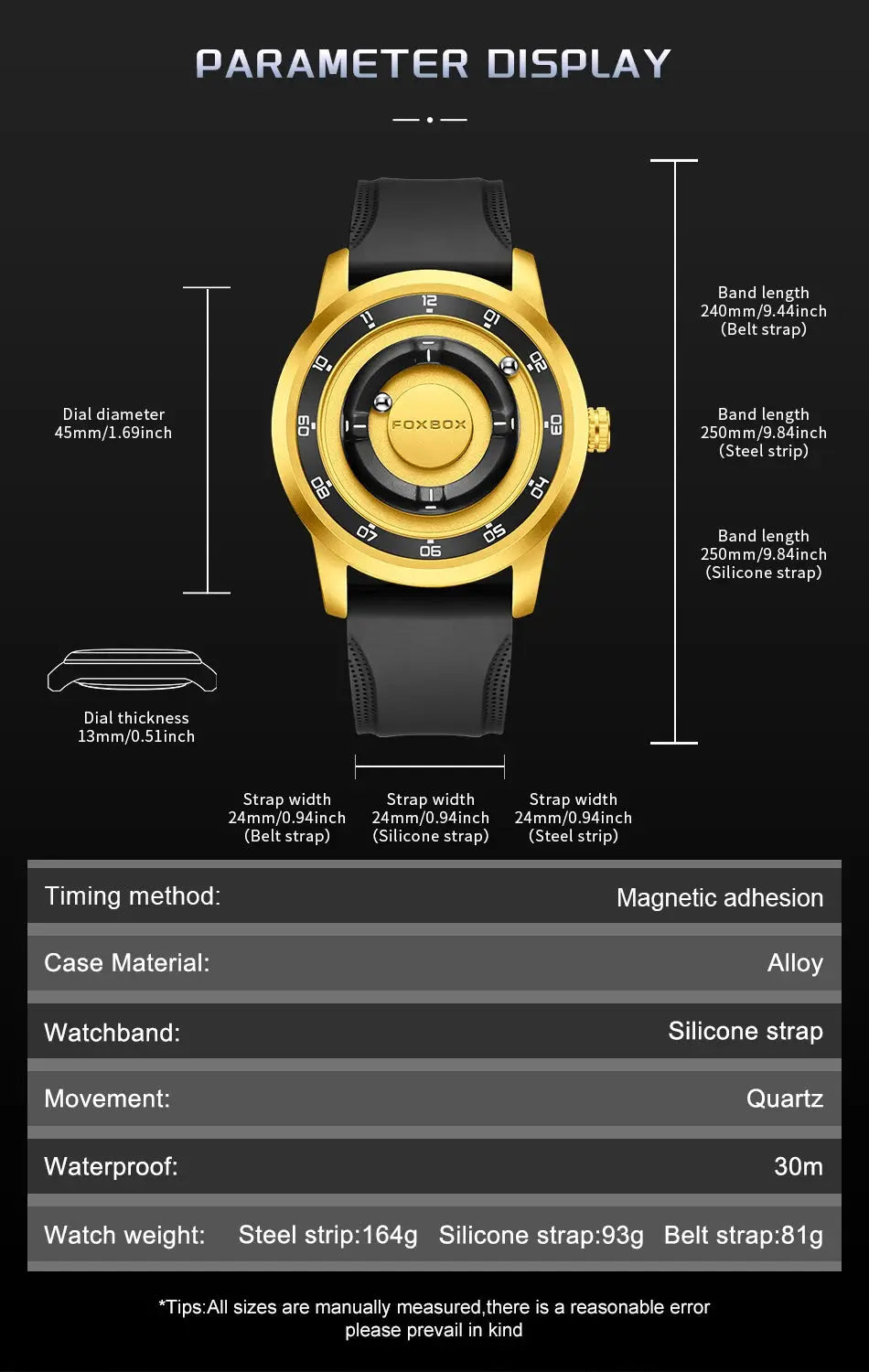 FOXBOX watch by Simples Market; gold-tone case, black silicone strap, floating magnetic pointer, waterproof quartz.