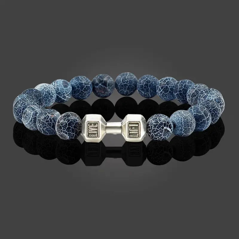 Natural Volcanic Stone Bracelet For Men And Women Matte Black Lava White Beads Dumbbell Charm Strand Fitness Jewelry