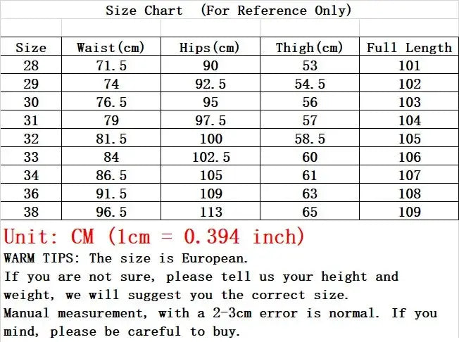 Simples Market men's slim-fit denim jeans size chart with waist, hips, thigh, and full length in cm