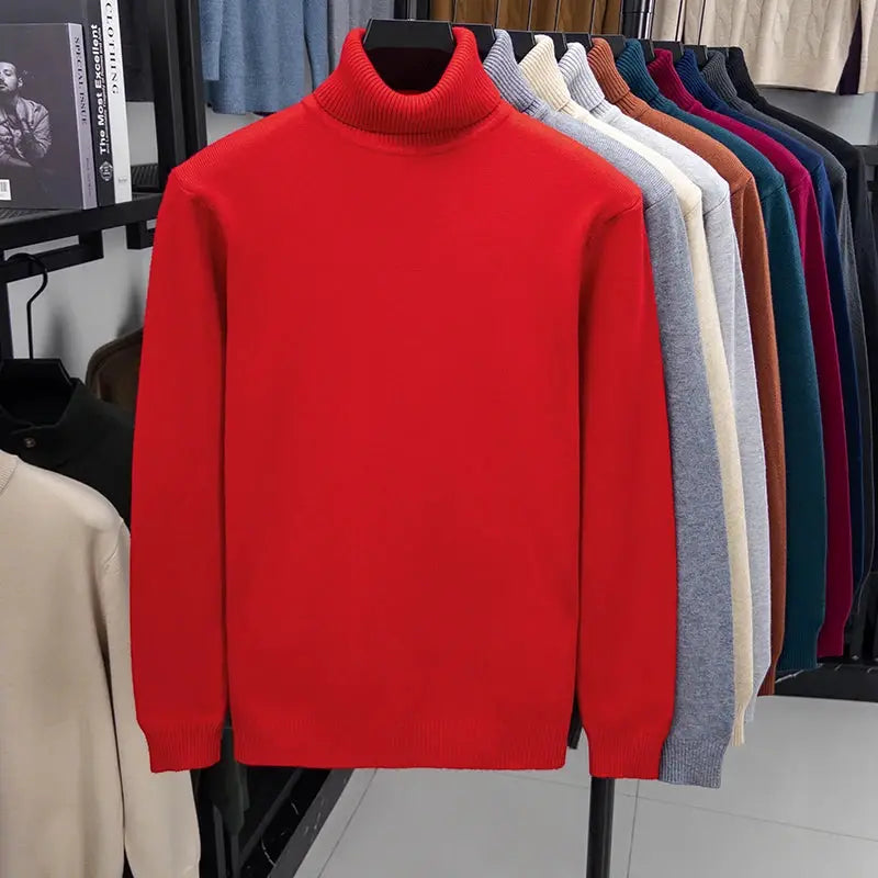 Red knitted turtleneck sweater for men by Simples Market, slim fit, long sleeve, anti-pilling pullover.