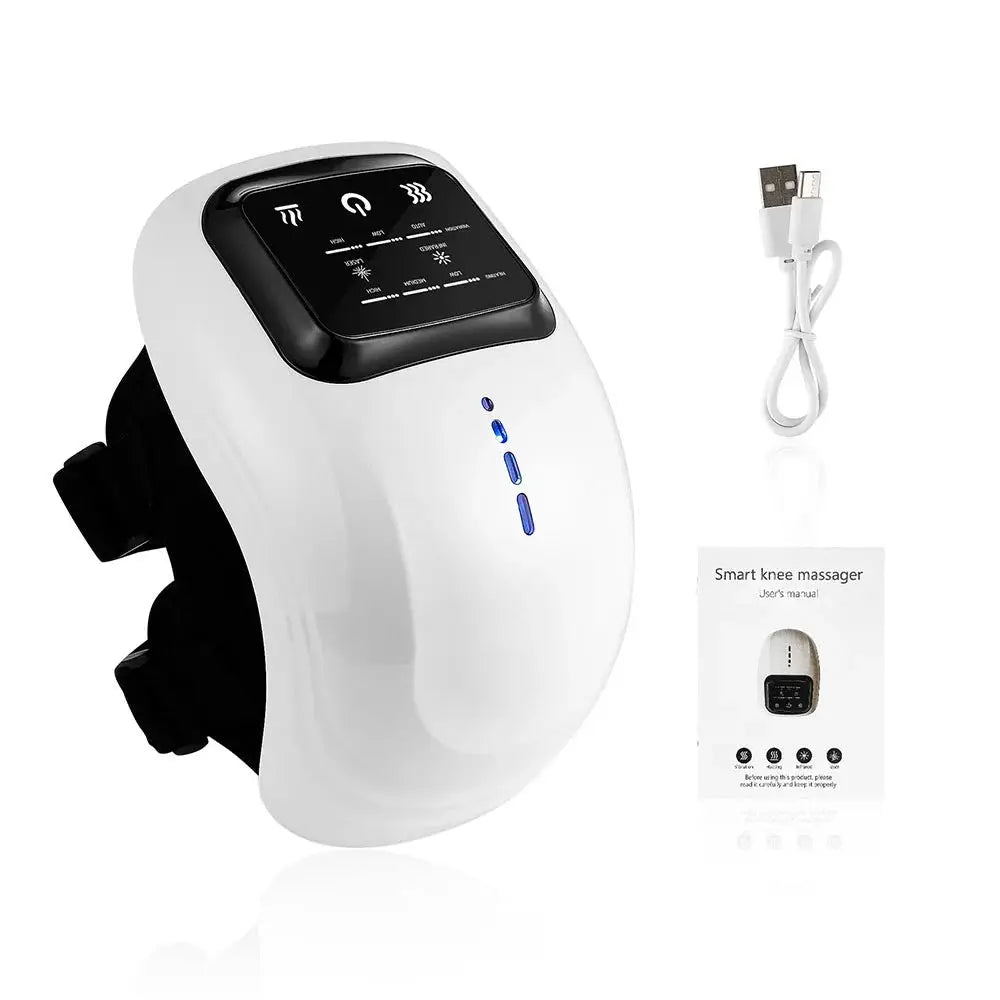 foreverlily Smart Knee Massager in white with blue lights, vibration and air pressure massage; USB cable and manual included