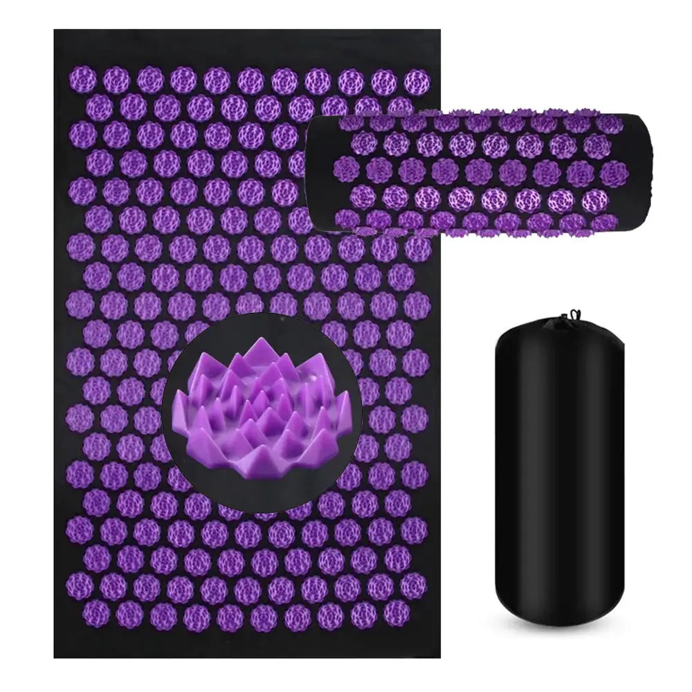 Acupressure yoga mat set (3-piece) with purple spike mat, purple roll, and black carrying bag; surface discs.