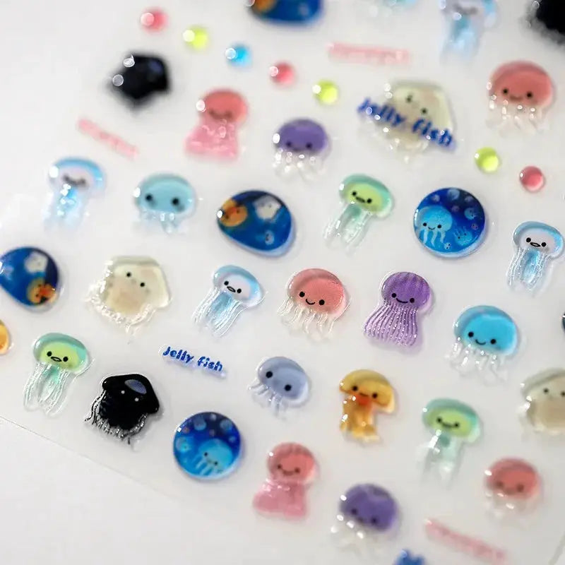 Jellyfish nail art stickers; assorted colorful self-adhesive decals for DIY manicure (set of many)