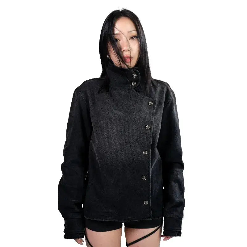 Simples Market Y2K fencing jacket in black cotton canvas with irregular buttons, high collar, unisex gothic streetwear.