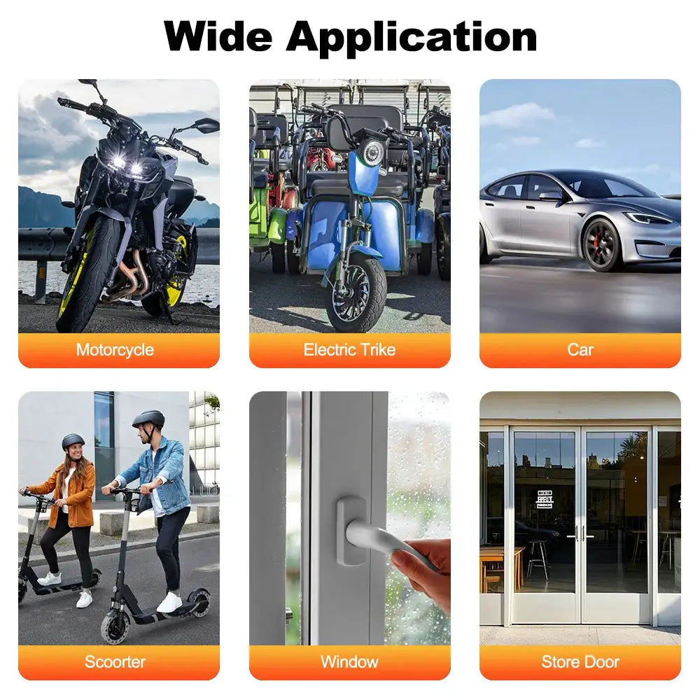 Awapow wireless vibration alarm system for bikes and home; 6 apps: motorcycle, trike, car, scooter, window, store door.