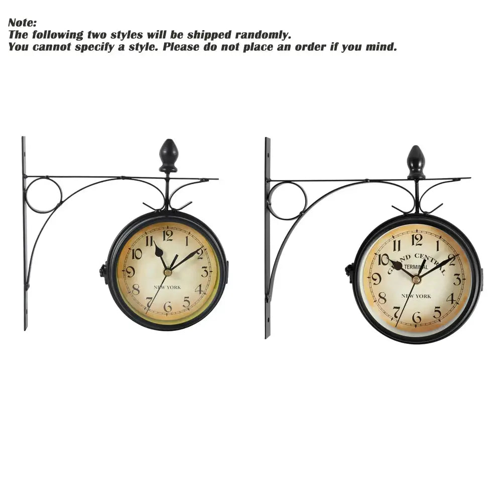 Wall clock double-sided pair on decorative black metal bracket; two antique cream-dial, battery-operated clocks