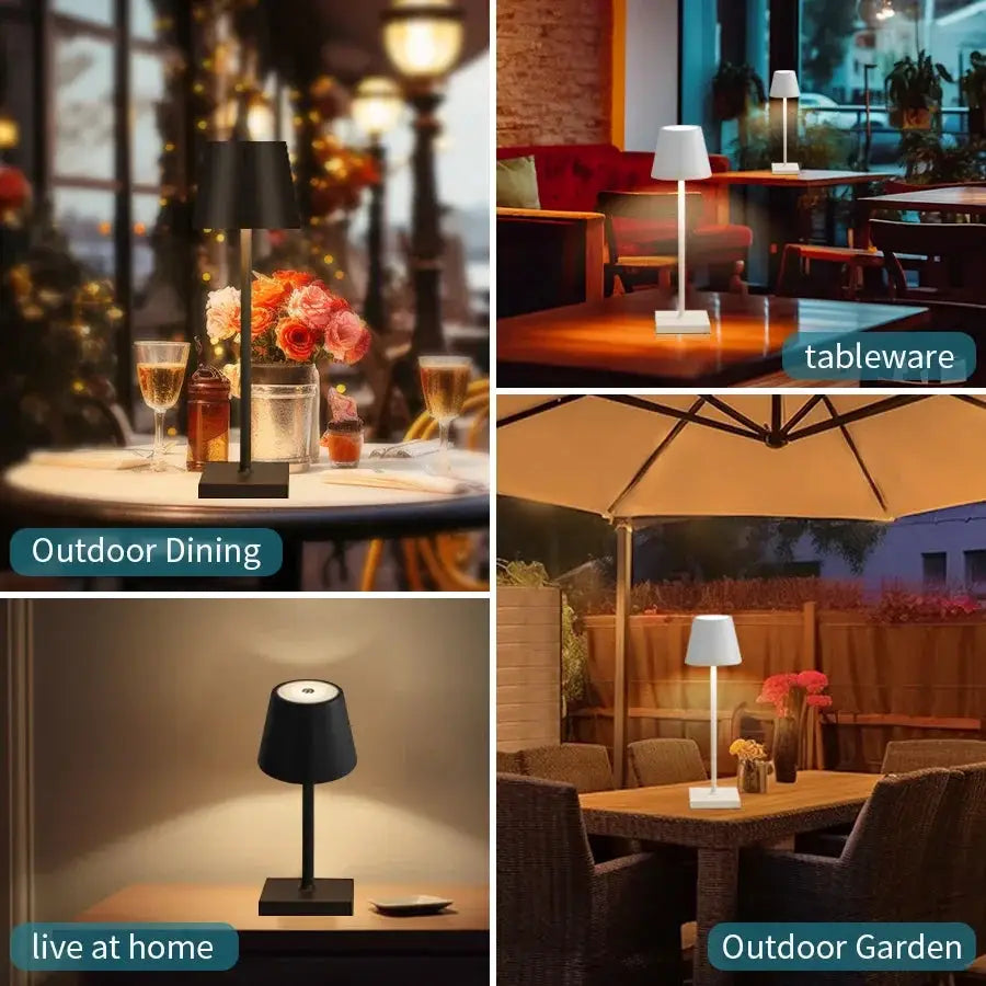 LED Desk Lamp USB Rechargeable Table Lamp with touch control; 3 color modes, shown in 4 lifestyle settings.