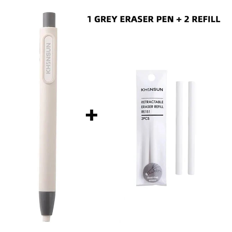 Simples Market KHNSUN press eraser pen with replaceable core, beige body and grey cap, includes 2 refills