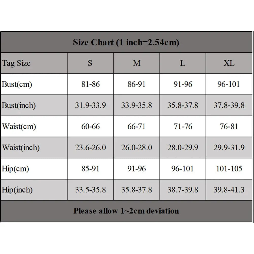 Size chart for Women Tie Sexy Thong Bikini Set; bust/waist/hip measurements (cm/in) for S–XL, with 1–2 cm deviation.