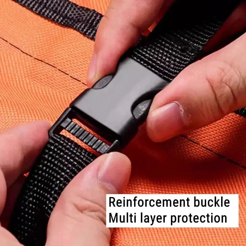 Folding ladder tool storage bag in orange Oxford cloth with black adjustable strap and reinforcement buckle.