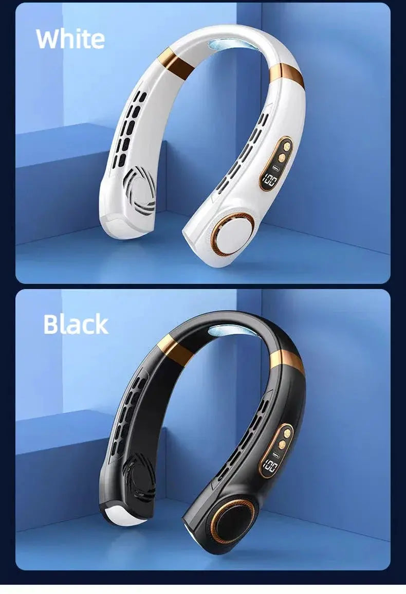 JKUOO portable neck fan by Simples Market; bladeless USB rechargeable personal fan in white and black, 2 units shown