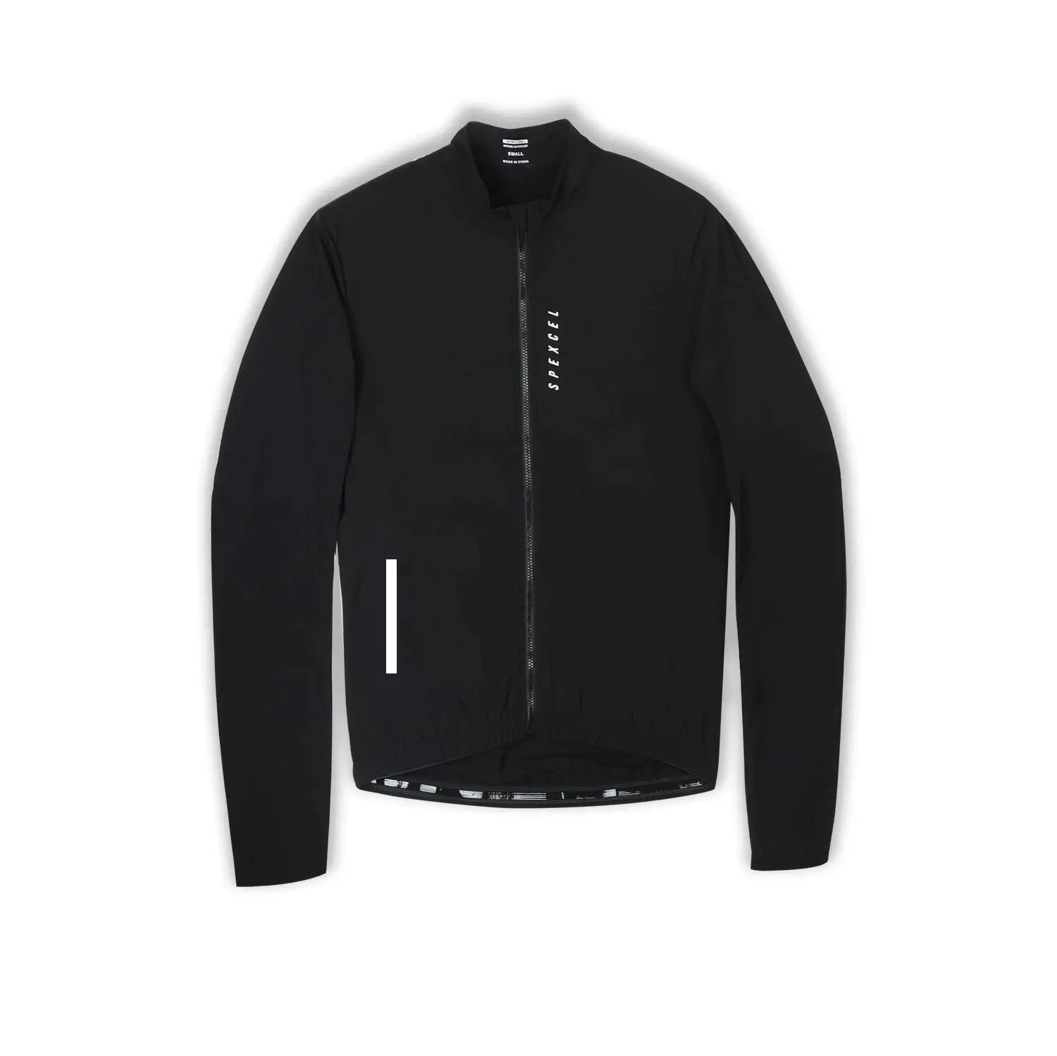 SPEXCEL black cycling wind jacket with full zip, lightweight stretch fabric, and 3 back pockets
