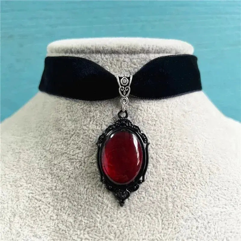 Gothic Witch Blood Red Pendant Choker Necklace For Women Vintage Black Velvet Jewelry Accessory