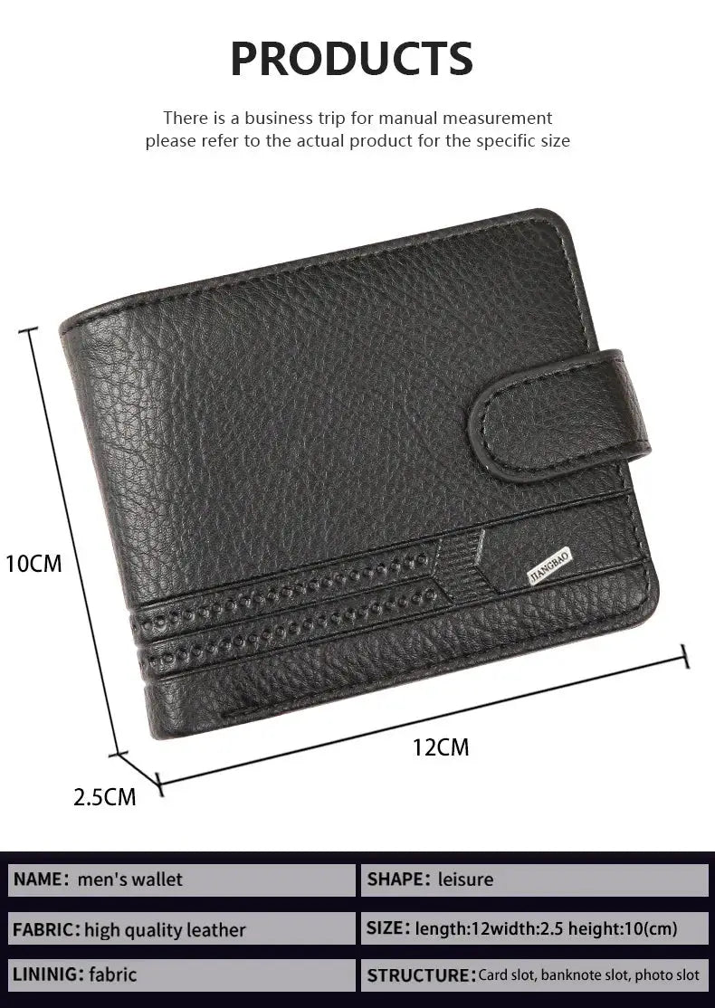Men's black leather bifold wallet with ID window and coin pouch by Langbao
