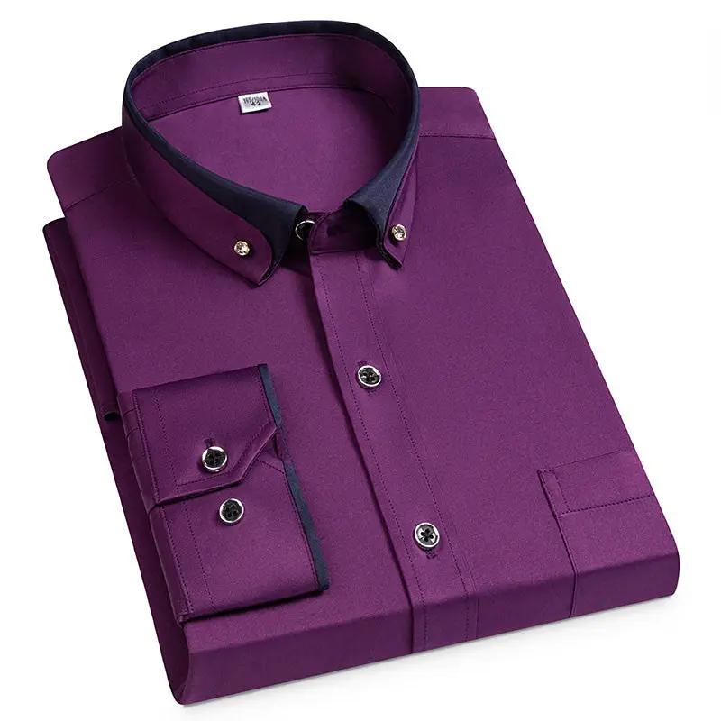 Purple men's dress shirt with button-down collar and front pocket.