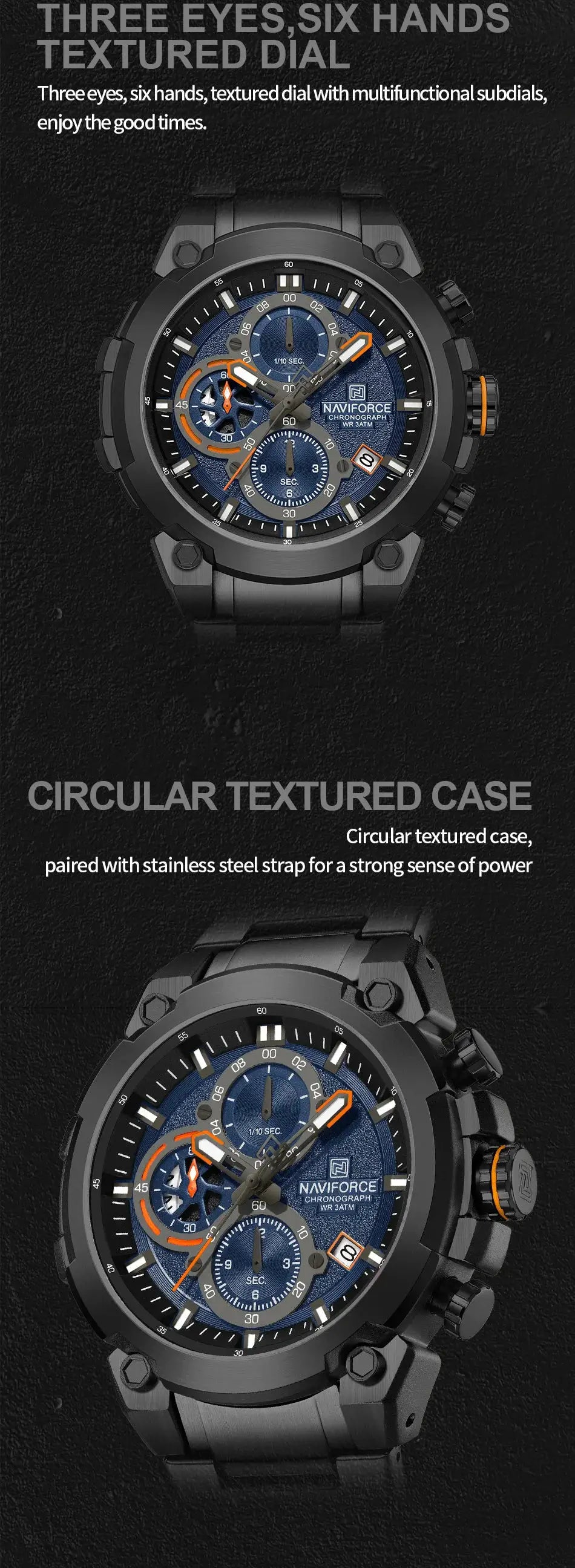 Two NAVIFORCE men's military chronograph watches with blue dial, black steel case and bracelets, orange accents