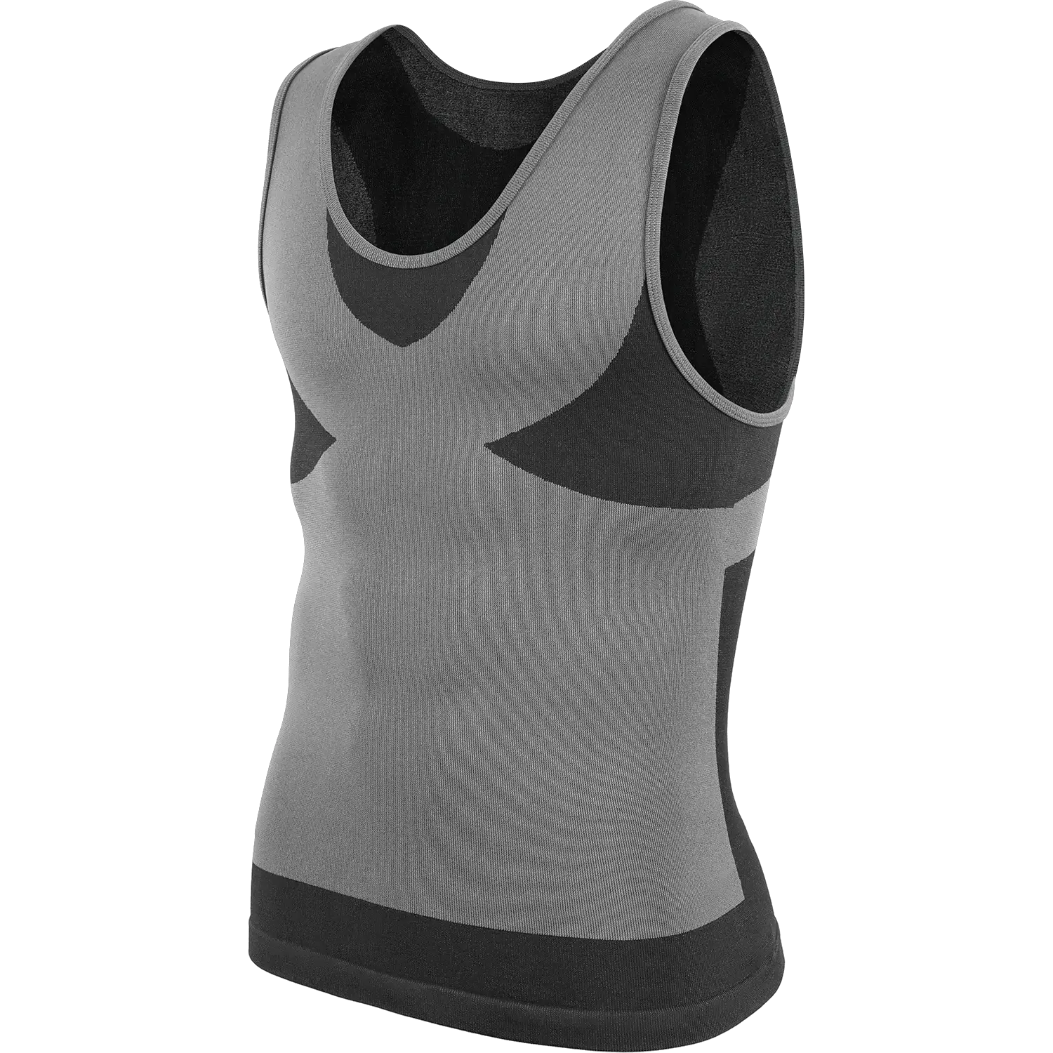 Men's shapewear slimming body shaper tank top, gray with black panels and cross-elastic compression.