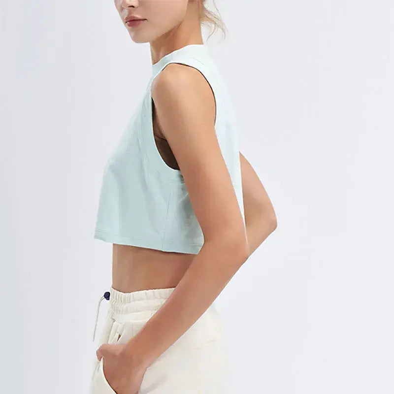 Sports vest top for women, light blue cropped sleeveless, loose-fitting, seamless breathable quick-dry fabric