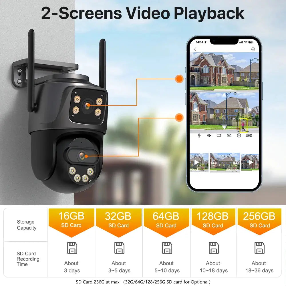 IP Camera outdoor black WiFi security camera with dual-screen video playback and mobile app view