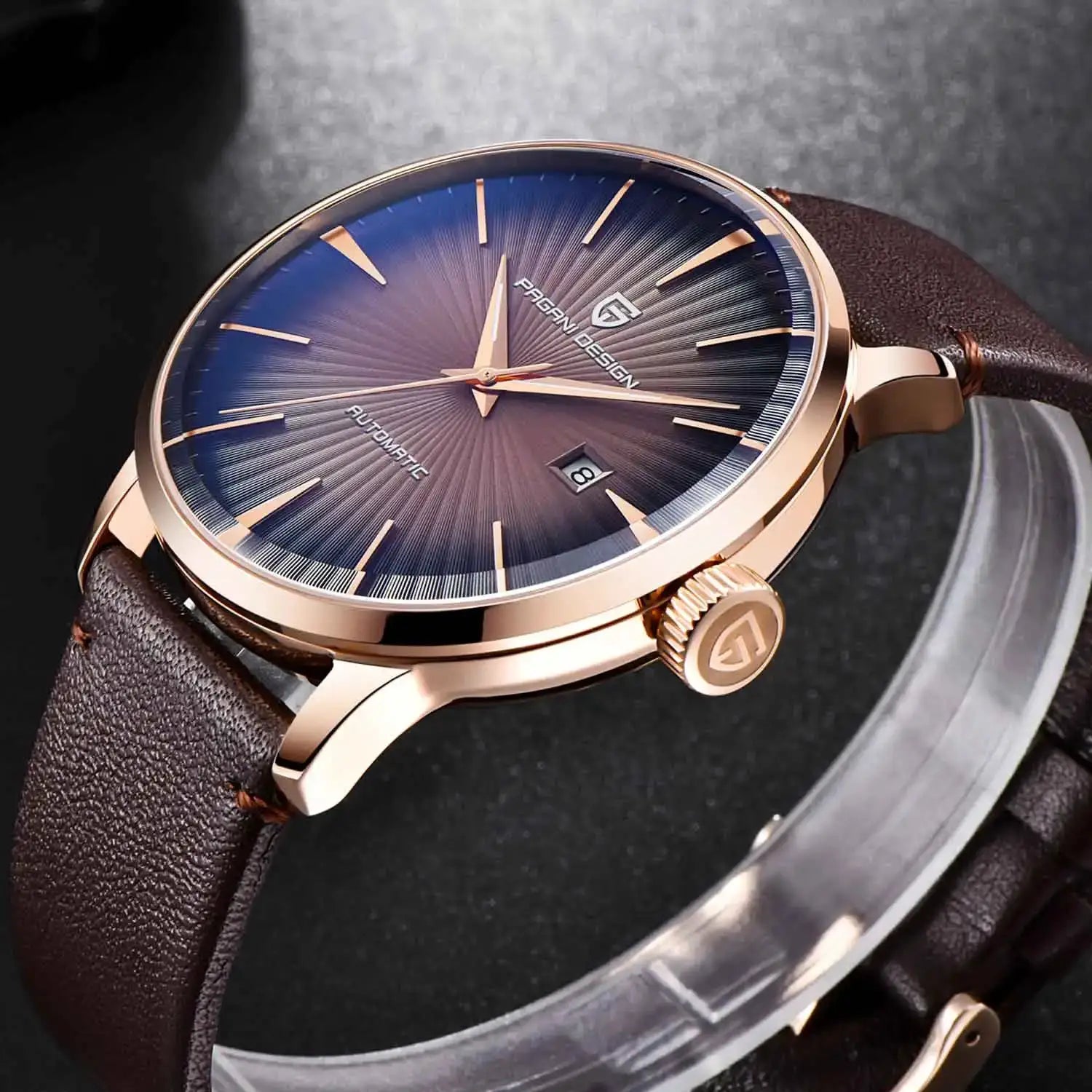 PAGANI DESIGN rose gold-tone men's watch with blue sunburst dial, brown leather strap, date window