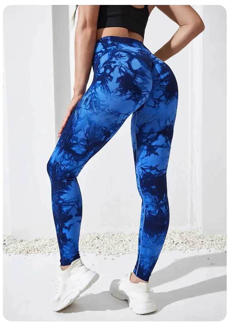 Women's blue tie-dye high-waisted leggings for yoga and workouts; soft, stretchy, breathable