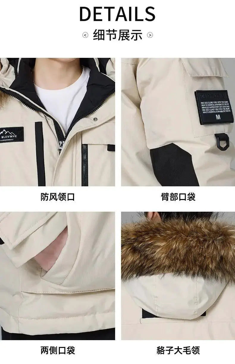 Simples Market men's beige fur-collar hooded down parka with multiple pockets.
