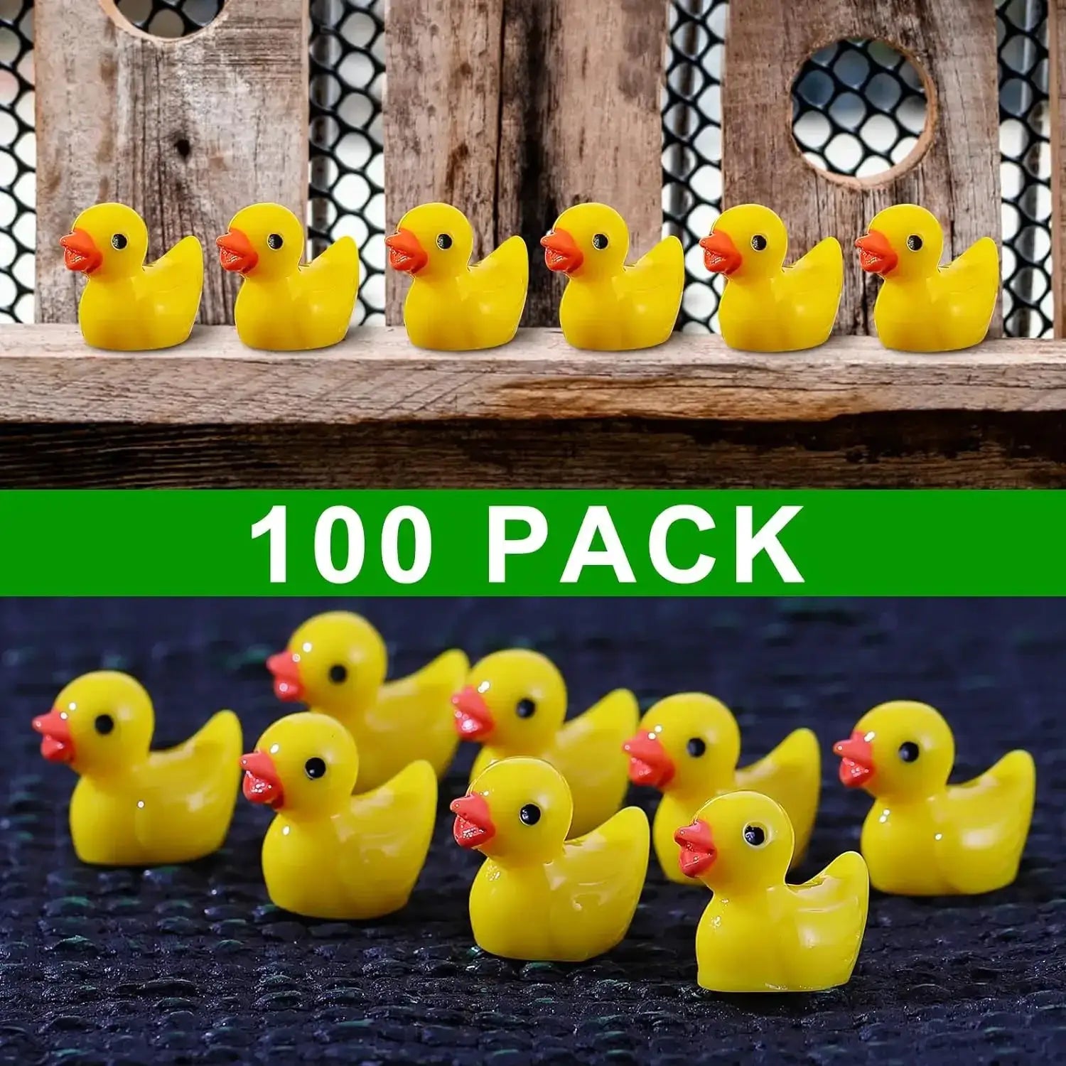 Miniature yellow resin duck figurines, 100-pack set for party and DIY micro landscape decor