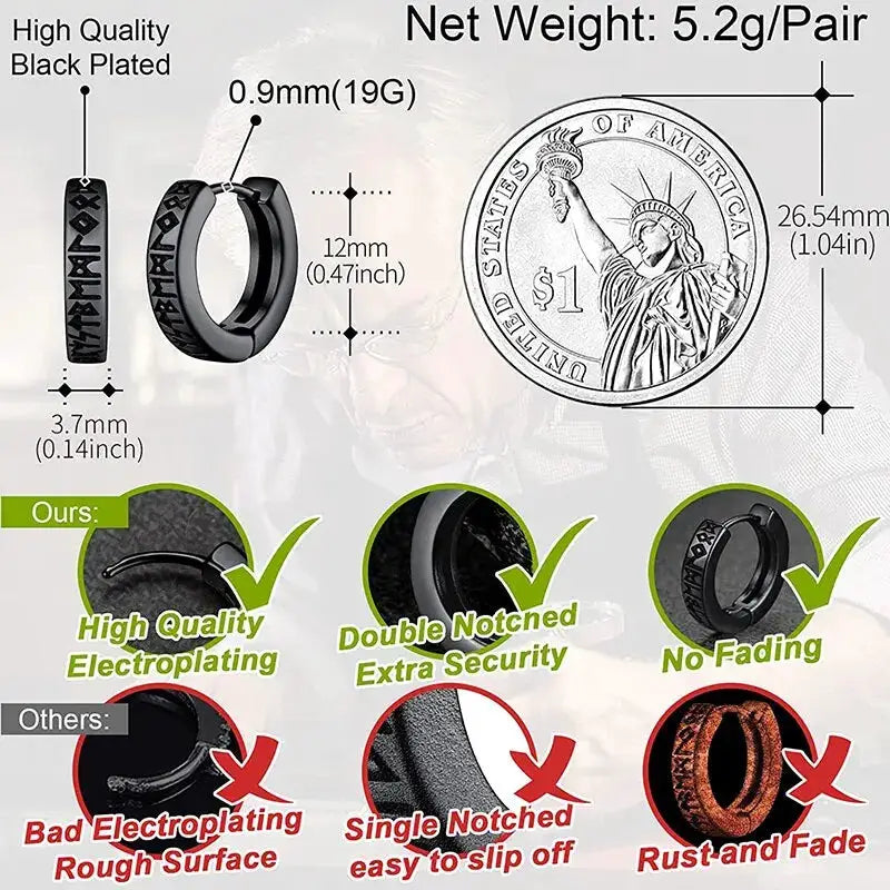 Stainless Steel Viking Rune Hoop Earrings Unisex 12mm Huggie For Men Women Nordic Religious Jewelry