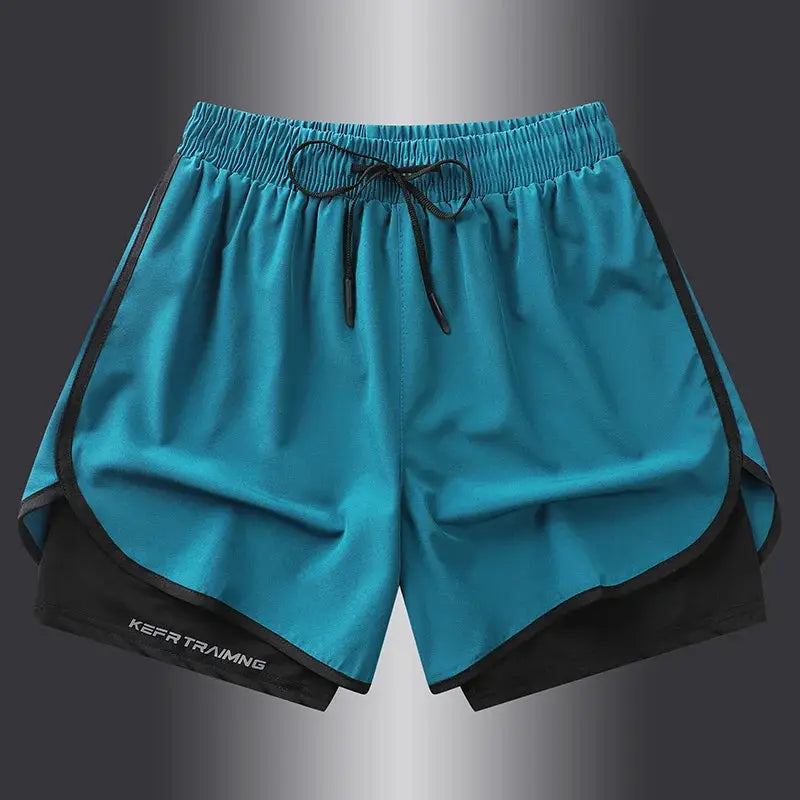 Teal blue running shorts by Simples Market, quick-dry fabric with black trim.