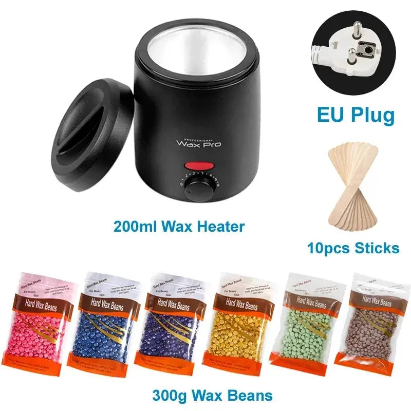 200ml wax heater by Simples Market with EU plug, includes 10 sticks and 300g hard wax beans.