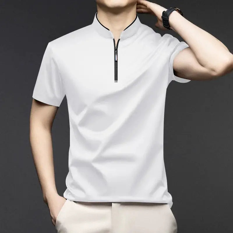 Men's zip-front polo shirt, white solid color, short sleeves, stand-up collar, Simples Market