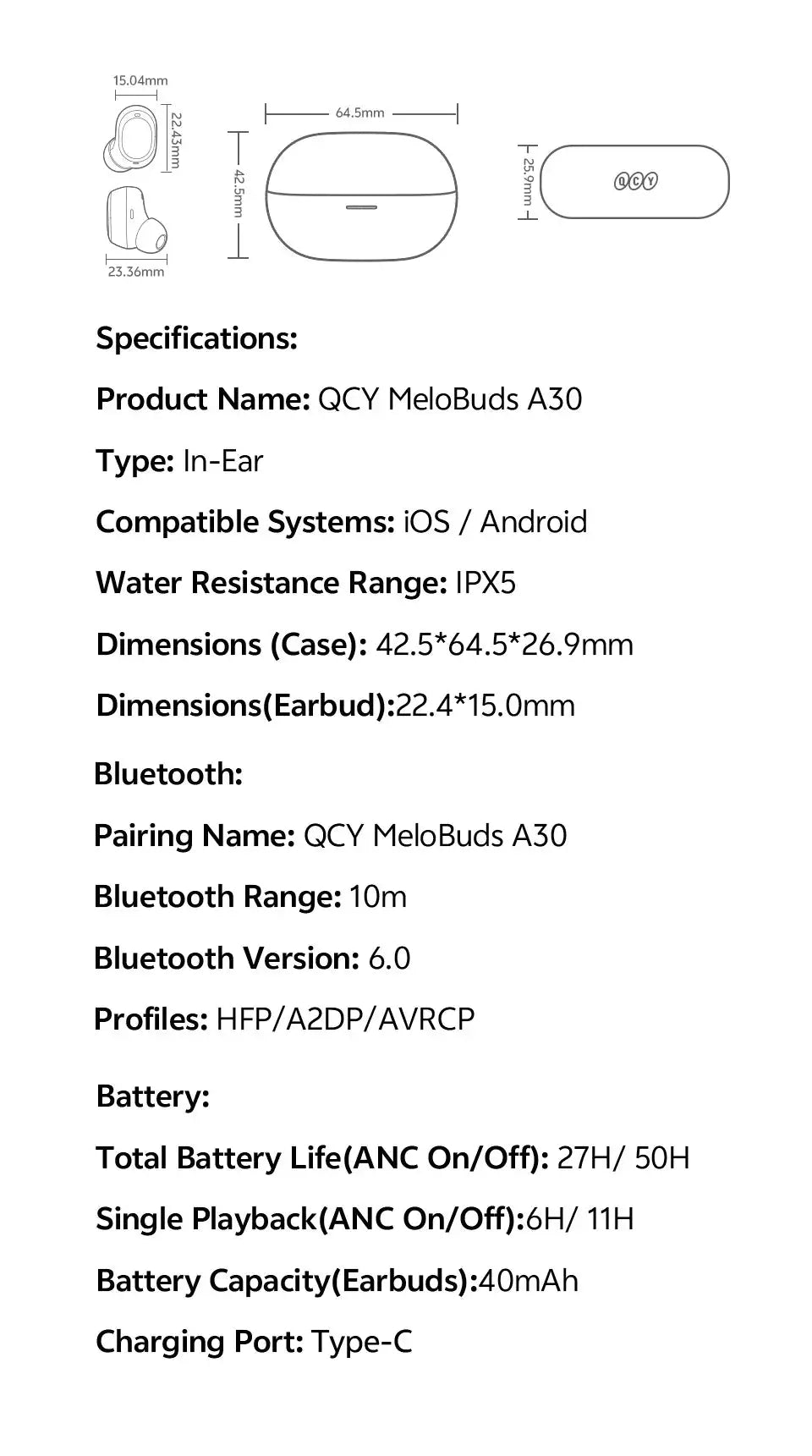QCY MeloBuds A30 wireless earbuds with charging case; Simples Market product diagram and dimensions.