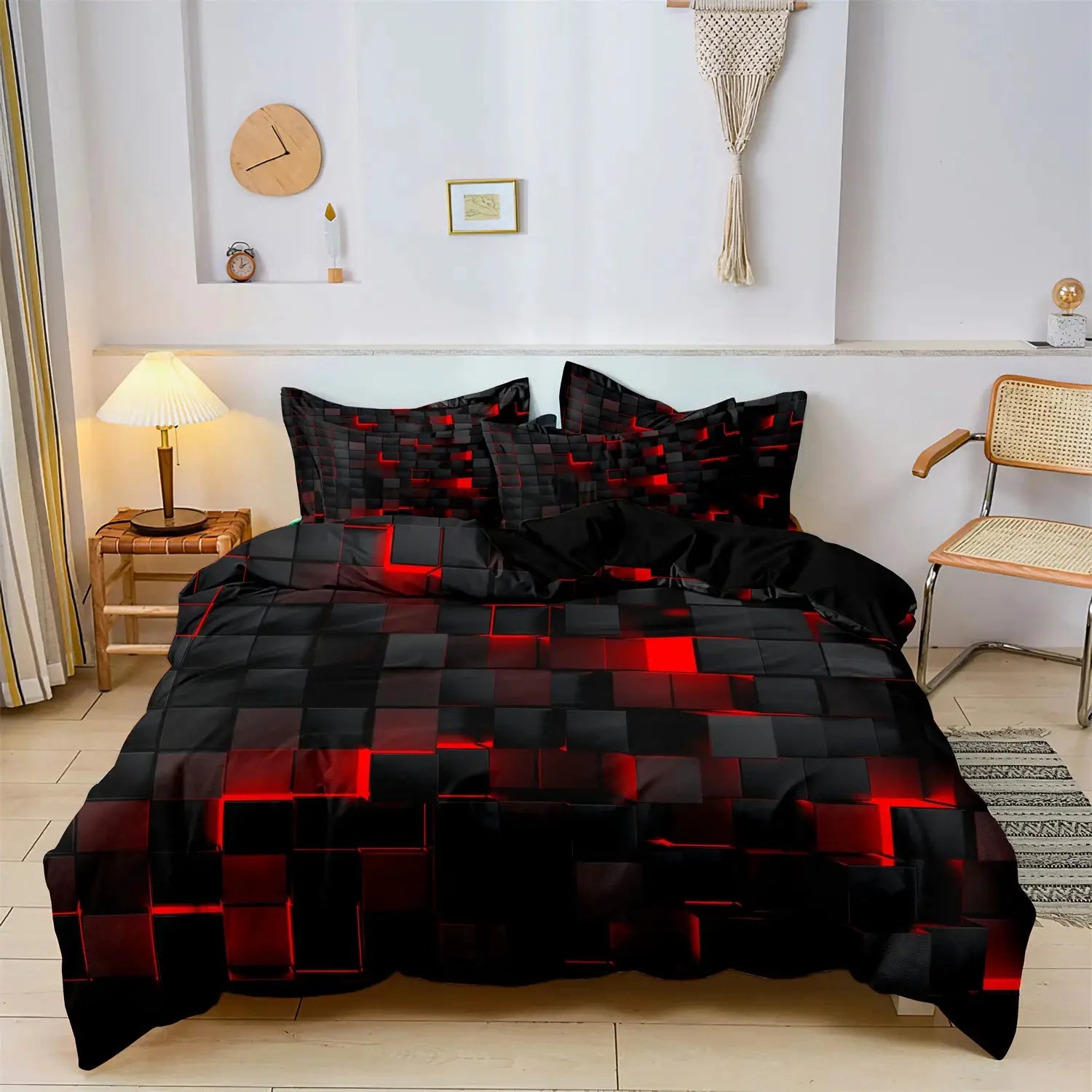 Simples Market 3pc duvet cover set with black and red geometric grid pattern; includes 1 duvet cover and 2 pillowcases.